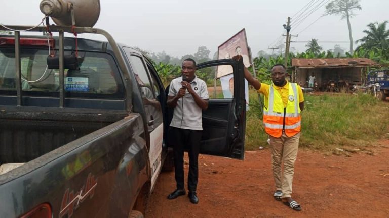 The Publicity Team of the Juaboso District Assembly engaging stakeholders and community leaders during an information outreach ahead of the upcoming Farmers’ Day celebration.